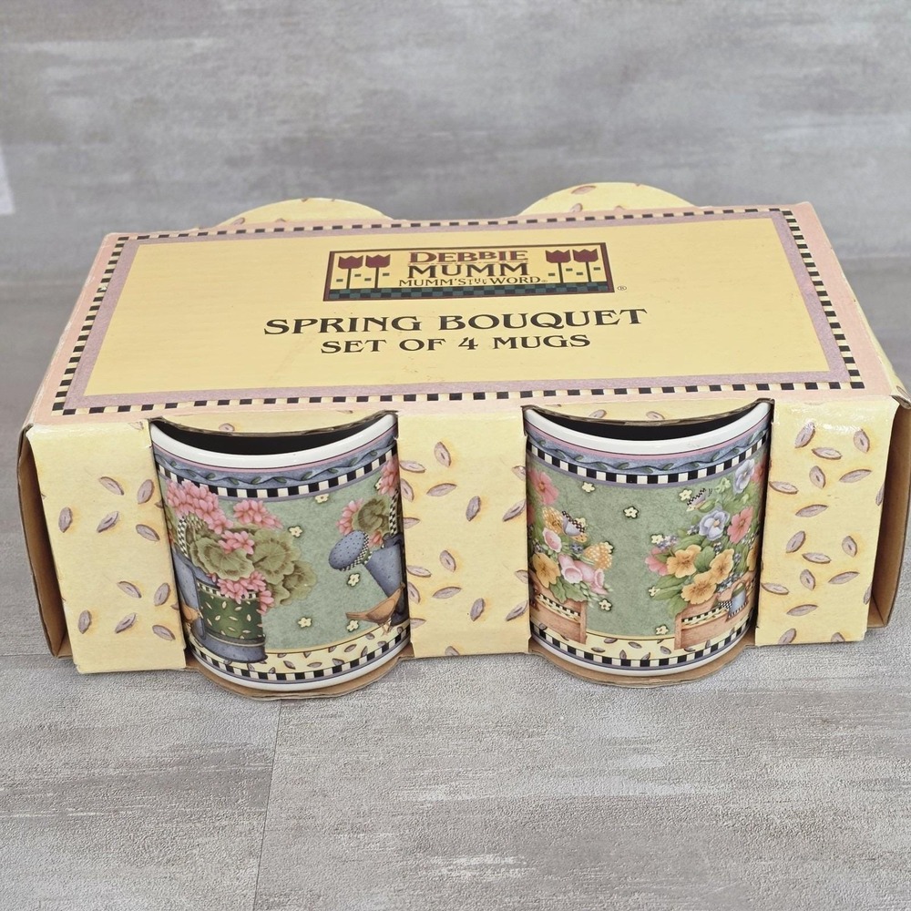 New Set 4 Debbie Mumm Spring Bouquet 12oz Coffee mugs by Sakura Vintage